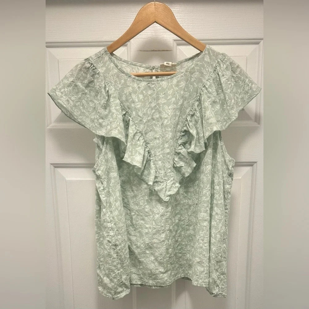 Ana A New Approach Women’s Mint Green/White Floral, Ruffled Blouse Size XXL